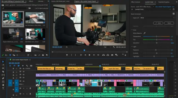 Edycja w **Premiere Pro**: montażysta pracuje nad projektem, widać okna podglądu, osi czasu i panel efektów Lumetri Color.