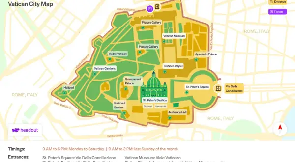 Mapa Watykanu, gdzie jest Watykan. Zaznaczone Muzea Watykańskie, Kaplica Sykstyńska, Bazylika św. Piotra i Ogrody Watykańskie.