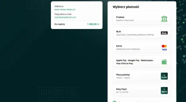 PayU to system płatności online. Na ekranie widzisz podsumowanie zamówienia i dostępne metody płatności: przelew, BLIK, karta, Apple Pay, płatność odroczona oraz raty PayU.