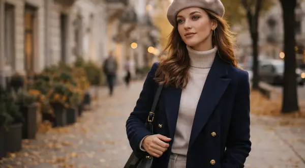 Elegancka kobieta w beżowym beretu i granatowym płaszczu, idealne beret damski stylizacje na jesień.