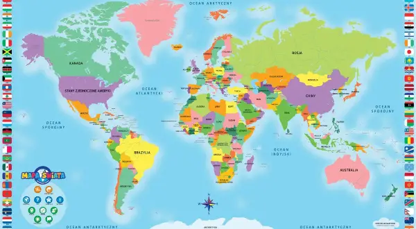 Kolorowa mapa świata z nazwami krajów i oceanów. Po bokach flagi państw. To mapa interaktywna Dumel, idealna do nauki geografii.