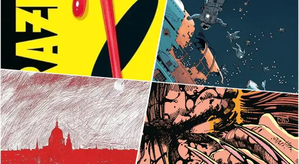 Kolaż z grafikami z komiksów: "Watchmen", astronauci spadający z kosmicznego statku, czerwony rysunek miasta i zbliżenie na Wolverine'a. To może być część listy top 10 komiksów wszechczasów.