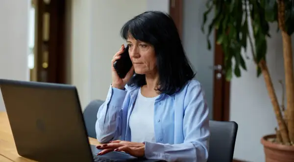 Kobieta rozmawia przez telefon, sprawdzając jak sprawdzić status skierowania do sanatorium NFZ na laptopie.