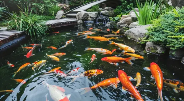 Un magnifique bassin à poissons koi, avec des ponts en bois et une cascade. L'eau est claire, reflétant les couleurs vives des poissons.