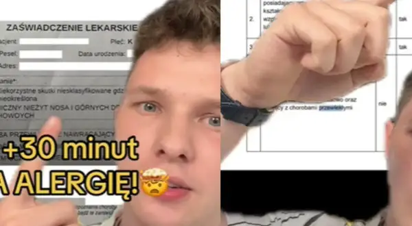 Młody mężczyzna pokazuje zaświadczenie lekarskie, sugerując wydłużony czas na maturze z powodu choroby, np. alergii.
