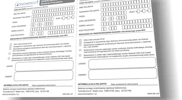 Dwa formularze skierowania na badanie prenatalne, z polami do wypełnienia danych pacjenta i wskazaniami do badań.