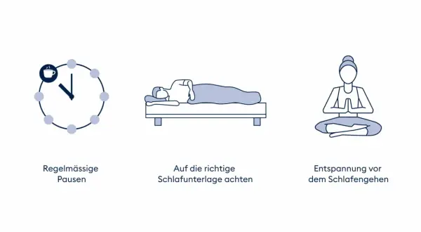 Regelmäßige Pausen, guter Schlaf und Entspannung vor dem Zubettgehen helfen, Stress zu reduzieren.