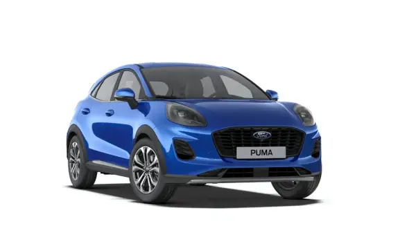 Blå Ford Puma hybrid framifrån, redo för äventyr.