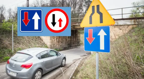 Znaki drogowe informują o pierwszeństwie przejazdu i zwężeniu drogi. Kierowca musi wykonać manewr wymijania.
