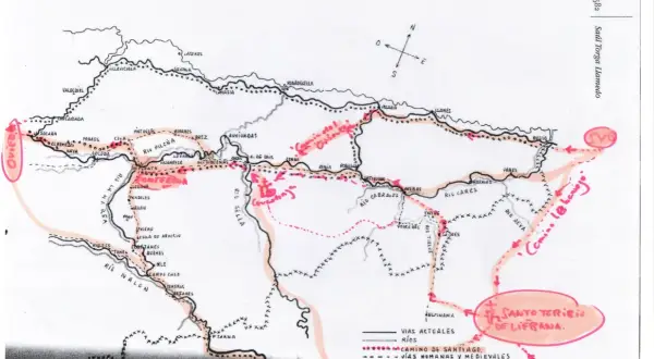 Mapa del Camino de Santiago en Asturias, destacando rutas y lugares como el **puente de Covadonga**.