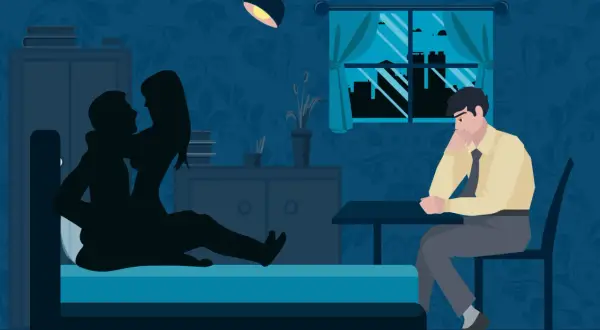 Mroczna sypialnia, para w łóżku, smutny mężczyzna siedzi przy stole. Ilustracja pokazuje sytuację, która może być związana z pojęciem cuckold co to.