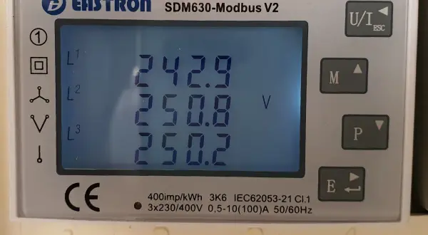 Odczyt licznika pokazuje napięcia L1, L2, L3: 242.9V, 250.8V, 250.2V. Wniosek o obniżenie napięcia w sieci jest uzasadniony.