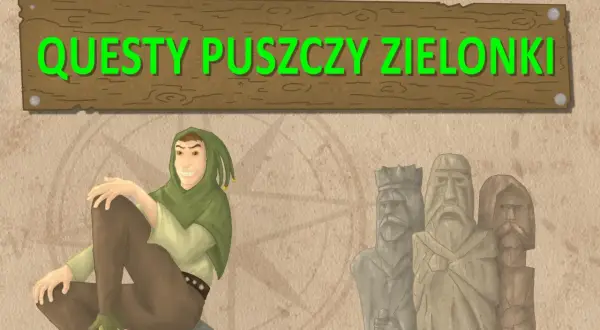 Wesoły błazen zaprasza na "Questypuszczy zielonki". Obok niego stoją kamienne posągi.