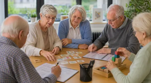 Cinq seniors participent à un exercice de remédiation cognitive, jouant avec des cartes et des blocs pour stimuler leur mémoire.