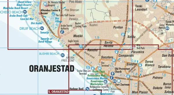 Mapa pokazuje, gdzie jest Aruba, z zaznaczonymi plażami jak Druif Beach i Bushiri Beach, oraz miastem Oranjestad.