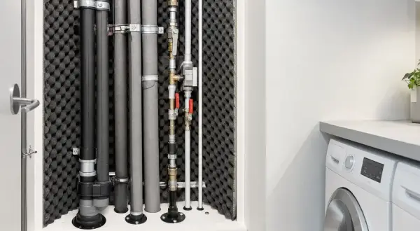 Rörsystem med ljuddämpning för ventilation, monterat bakom en dörr. Bredvid syns en tvättmaskin.