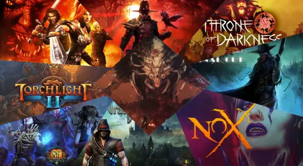 Kolaż okładek gier typu hack and slash: Torchlight II, Path of Exile, Nox, Throne of Darkness i inne.