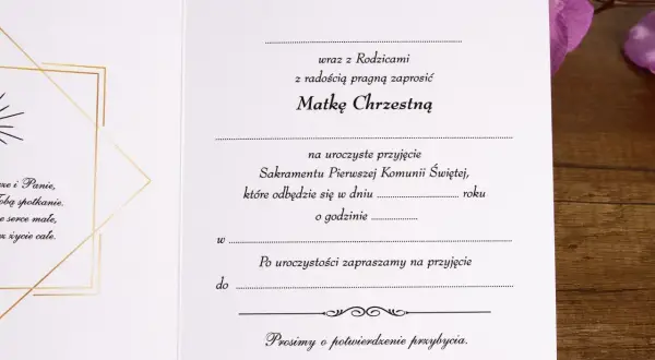 Zaproszenie na uroczyste przyjęcie Sakramentu Pierwszej Komunii Świętej z dedykacją dla Matki Chrzestnej.