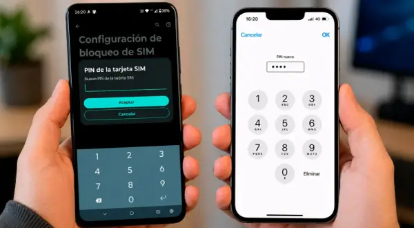Dos manos sostienen teléfonos. Uno muestra cómo cambiar el PIN de la tarjeta SIM. El otro, un iPhone, pide un PIN nuevo.