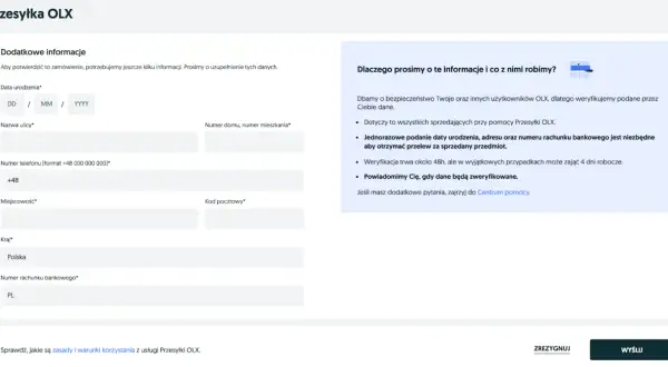 Formularz uzupełniania danych do przesyłki OLX: data urodzenia, adres, numer telefonu i konta bankowego.
