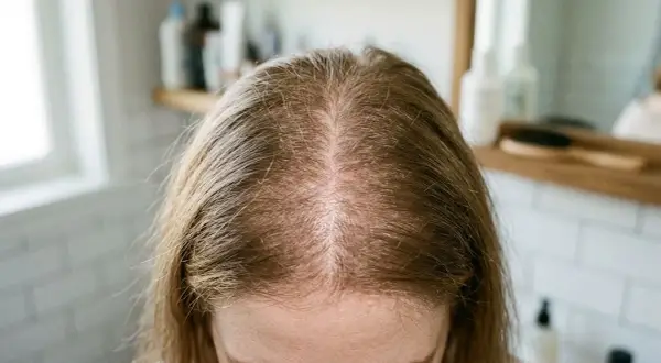 Vue du dessus du cuir chevelu clairsemé d'une femme, espérant retrouver une masse capillaire naturellement.