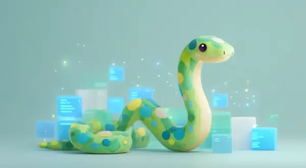 Zielona, kropkowana postać węża Python otoczona przez świecące, niebieskie bloki kodu. Idealne dla osób szukających pracy Python bez doświadczenia.