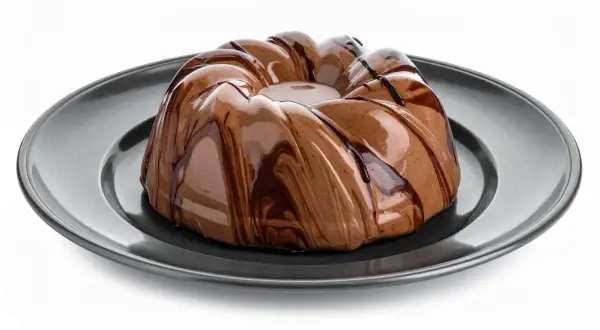 Bavarese al cioccolato con glassatura lucida e striature di cioccolato fondente su piatto scuro.