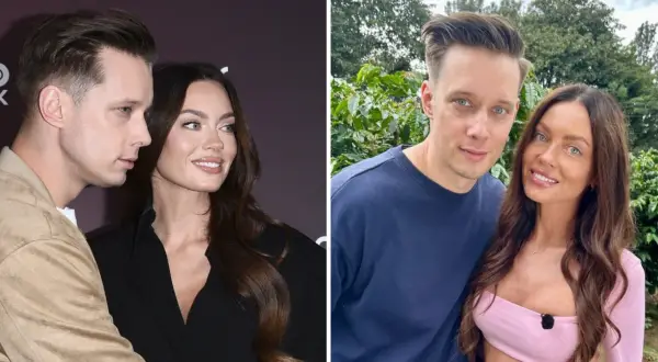 Edyta Zając z partnerem, uśmiechnięci, w dwóch różnych stylizacjach.