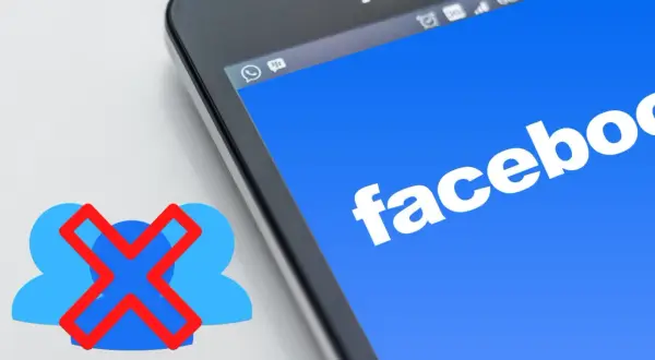 Chcesz wiedzieć, jak usunąć znajomego z Facebooka? Ikona z przekreślonymi ludzikami obok ekranu telefonu z logo Facebooka sugeruje tę czynność.