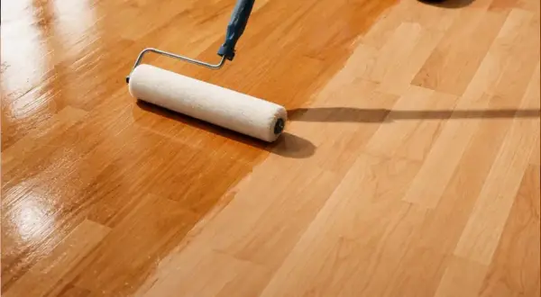 Rullo applica verniciatura poliuretanica su parquet. La finitura lucida protegge il legno.