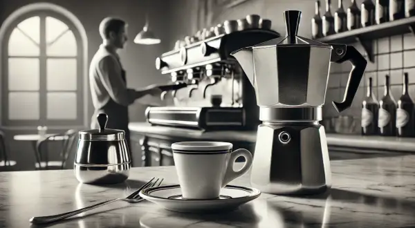 Kawiarka i filiżanka na blacie, barista w tle przygotowuje kawę. Idealna kawa włoska czeka.