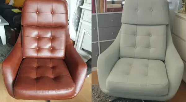 Vorher/Nachher: Ein brauner Kunstleder Stuhl neu bezogen in hellem Grau.