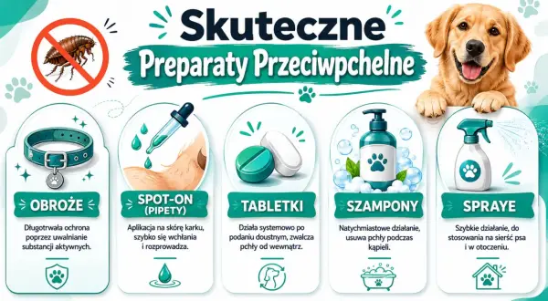 Szukasz co na pchły dla szczeniaka? Grafika pokazuje obroże, spot-on, tabletki, szampony i spraye przeciw pchłom dla psów.
