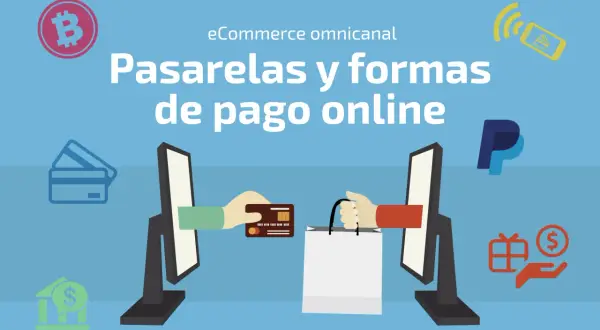 Ilustración sobre pasarelas y métodos de pago online, con iconos de Bitcoin, tarjetas, PayPal, banco y móvil.