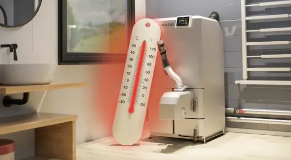 Duży termometr wskazuje za wysoką temperaturę na piecu gazowym.