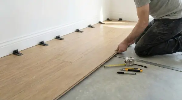 A person kneels, installing light wood click lock flooring. Spacers are placed along the wall, and tools like a tape measure and utility knife are nearby.