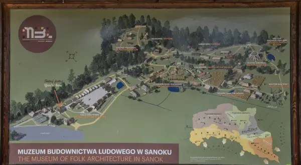 Mapa Muzeum Budownictwa Ludowego w Sanoku. Ukazuje rozmieszczenie sektorów: Bojków, Łemków, Dolinian, Pogórzan i innych.