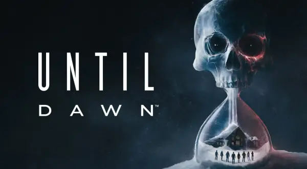 Nawiązanie do Until Dawn remake: lodowa klepsydra w kształcie czaszki, z której wypada śnieg na chatkę i grupę ludzi.