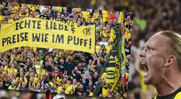 Emocje na meczu Union Berlin – Borussia. Kibice BVB z transparentem "Echte Liebe, Preise wie im Puff!".