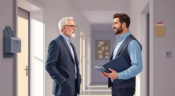 Deux hommes discutent dans un couloir. L'un, plus âgé, porte un costume bleu. L'autre, plus jeune, tient un dossier. Un courrier syndic est visible sur le mur.