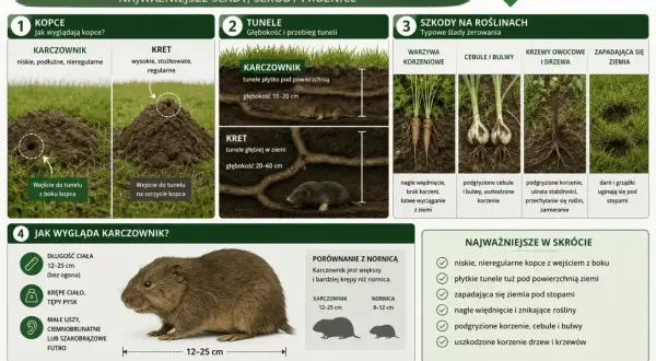 Nieregularne kopce i płytkie tunele to ślady karczownika. Zwierzę podgryza korzenie, cebule i bulwy, powodując więdnięcie roślin.