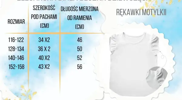 Biała bluzka dziewczęca z rękawami motylkami i tabelą rozmiarów.