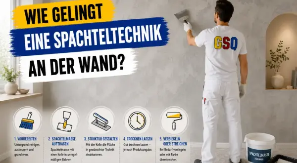 Mann mit Spachtel an Wand. Anleitung: Vorbereiten, Spachtelmasse auftragen, Struktur gestalten, trocknen lassen, versiegeln oder streichen. Nicht immer muss man die ganze Wand streichen.