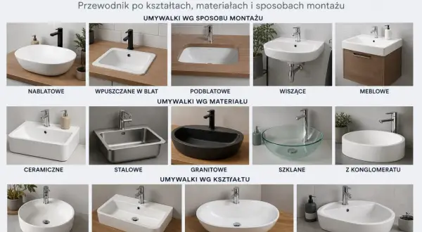 Przewodnik po rodzajach umywalek: nablatowe, wpuszczane, podblatowe, wiszące, meblowe, ceramiczne, stalowe, granitowe, szklane, z konglomeratu, okrągłe, prostokątne, owalne, asymetryczne. Jaka umywalka do łazienki?