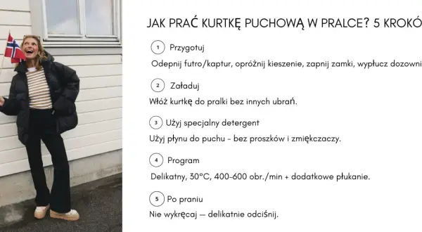 Kobieta z flagą Norwegii pokazuje, jak prawidłowo prać kurtkę puchową w pralce, by zachować jej właściwości.