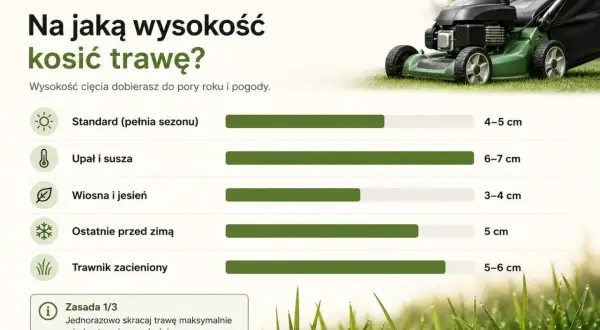 Poradnik koszenia trawy: jak dobrać wysokość cięcia do pogody i pory roku. Zielona kosiarka na tle trawnika.