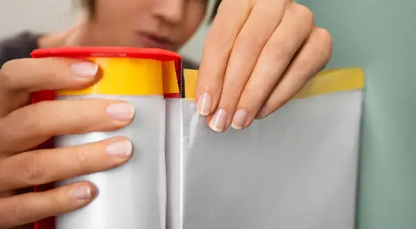 Kobieta używa taśmy do zabezpieczenia podłogi przed malowaniem. Folia ochronna jest przyklejana do listwy przypodłogowej.