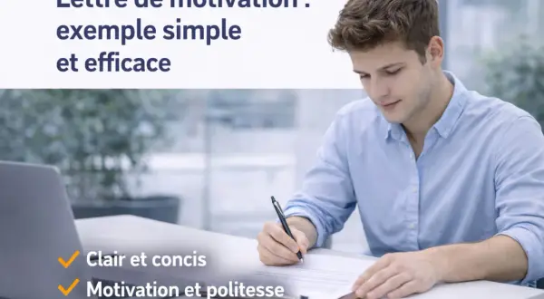 Jeune homme rédigeant une lettre de motivation simple et courte pour un emploi. Conseils : clair, concis, motivation et politesse.
