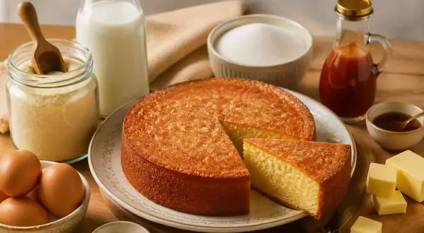 Un délicieux gâteau de semoule, doré et moelleux, entouré de ses ingrédients : œufs, lait, sucre, semoule, beurre et sirop.