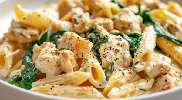 Krämig kycklingpasta med spenat, ett perfekt pasta recept för en snabb och god middag.